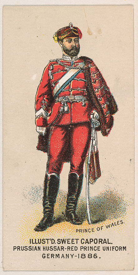 Prussian Hussar, Red Prince Uniform, Germany, 1886, from the Military Series (N224) issued by Kinney Tobacco Company to promote Sweet Caporal Cigarettes, Issued by Kinney Brothers Tobacco Company, Commercial color lithograph 