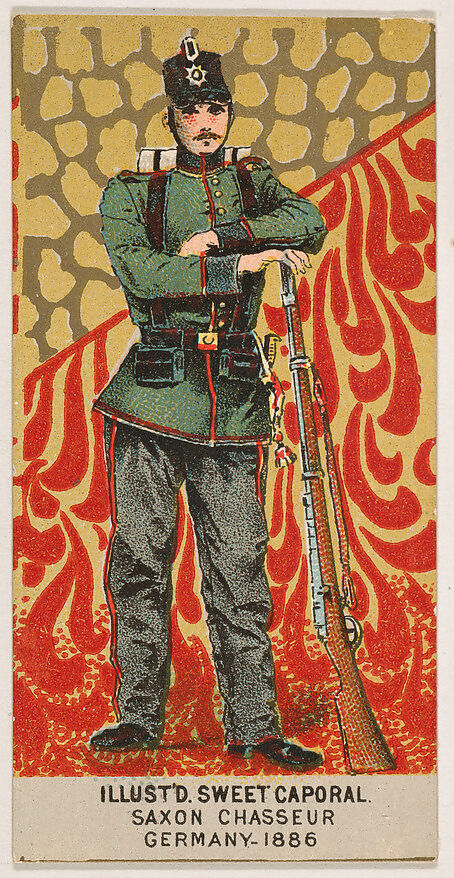 Saxon Chasseur, Germany, 1886, from the Military Series (N224) issued by Kinney Tobacco Company to promote Sweet Caporal Cigarettes, Issued by Kinney Brothers Tobacco Company, Commercial color lithograph 