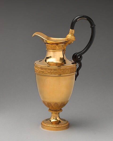 "Beckford-Behague" Ewer, Design attributed to Jean Guillaume Moitte (French, Paris 1746–1810 Paris), Gold, ebonized fruitwood; case of gilt-tooled red morocco leather, French, Paris 