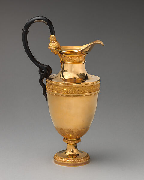 "Beckford-Behague" Ewer, Design attributed to Jean Guillaume Moitte (French, Paris 1746–1810 Paris), Gold, ebonized fruitwood; case of gilt-tooled red morocco leather, French, Paris