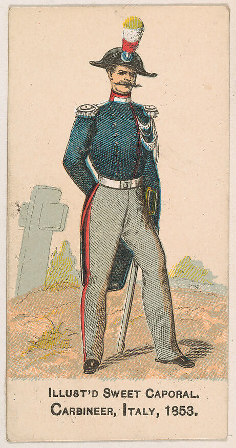 Carbineer, Italy, 1853 from the Military Series (N224) issued by Kinney Tobacco Company to promote Sweet Caporal Cigarettes, Issued by Kinney Brothers Tobacco Company, Commercial color lithograph 