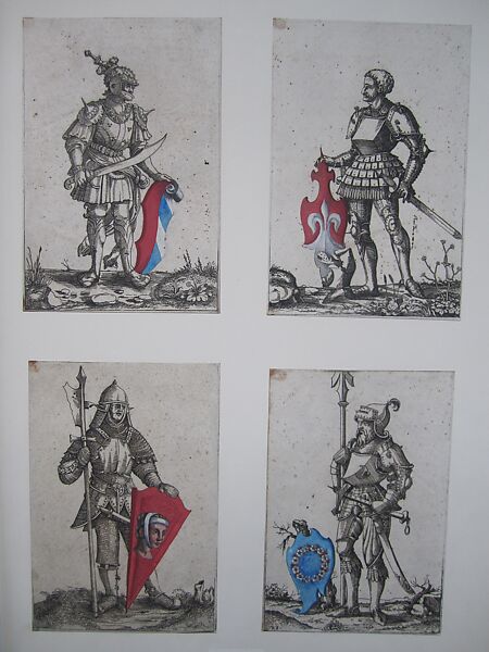 Four Augsburg Nobles in Full Armor, from Augsburg Book of Peerage (Das Augsburger Geschlechterbuch), Hans Burgkmair the Younger (1500–ca. 1562), Etching with hand coloring 