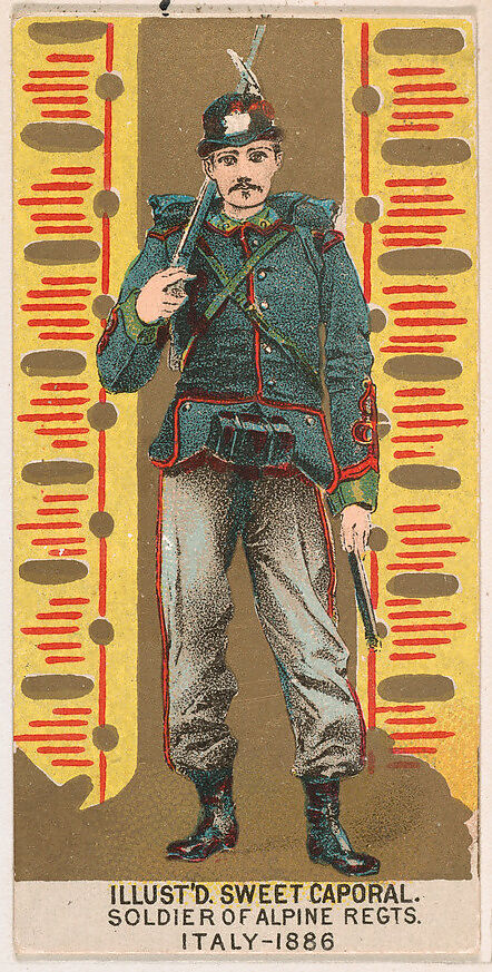 alpine tobacco company Issued by Kinney Brothers Tobacco Company - Soldier of Alpine Regiments,  Italy, 1886, from the Military Series (N224) issued by Kinney Tobacco  Company to promote Sweet Caporal Cigarettes