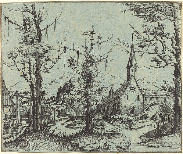 Landscape with Village Church, Augustin Hirschvogel (German, Nuremberg 1503–1553 Vienna), Etching on blue paper 