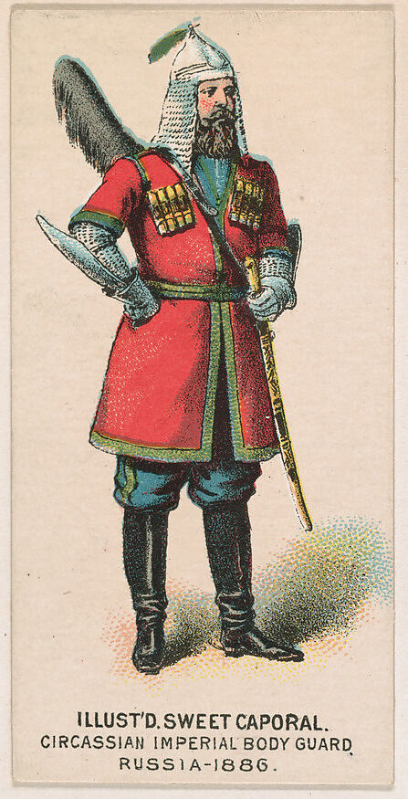 Circassian Imperial Bodyguard, Russia, 1886, from the Military Series (N224) issued by Kinney Tobacco Company to promote Sweet Caporal Cigarettes, Issued by Kinney Brothers Tobacco Company, Commercial color lithograph 