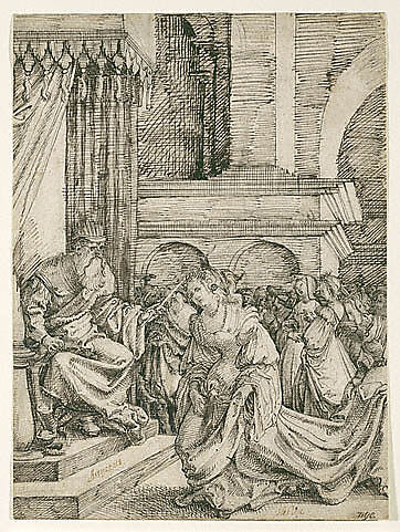 Esther before Ahasuerus, Frans Crabbe van Espleghem (Netherlandish, Mechelen ca. 1480–1553 Mechelen), Pen and dark brown ink with touches of gray-brown wash over black chalk, incised for transfer 