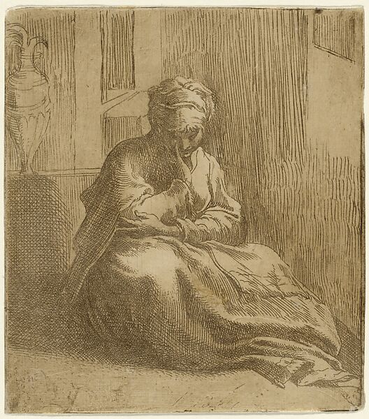 Woman Resting, Parmigianino (Girolamo Francesco Maria Mazzola) (Italian, Parma 1503–1540 Casalmaggiore), Etching with drypoint printed in brown; first state of four 