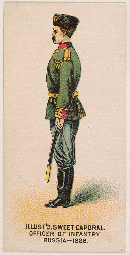 Officer of Infantry, Russia, 1886, from the Military Series (N224) issued by Kinney Tobacco Company to promote Sweet Caporal Cigarettes, Issued by Kinney Brothers Tobacco Company, Commercial color lithograph 