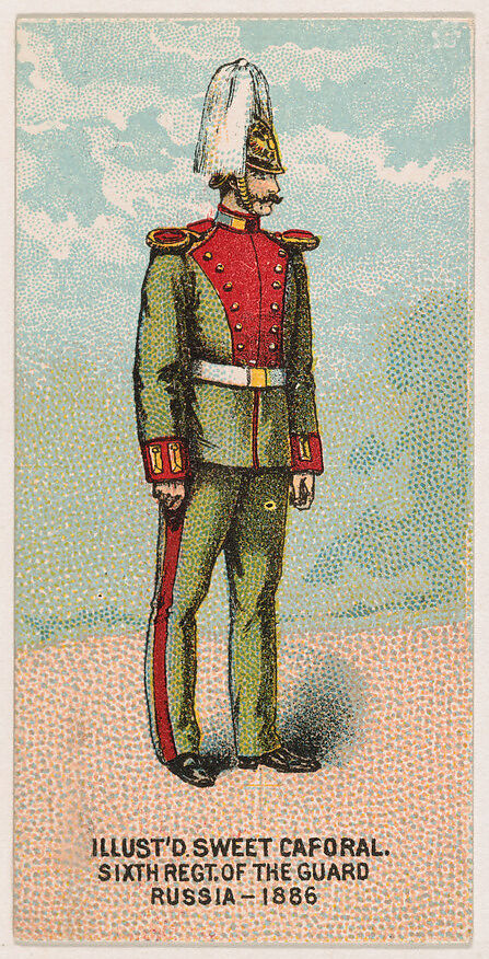 Sixth Regiment of the Guard, Russia, 1886, from the Military Series (N224) issued by Kinney Tobacco Company to promote Sweet Caporal Cigarettes, Issued by Kinney Brothers Tobacco Company, Commercial color lithograph 