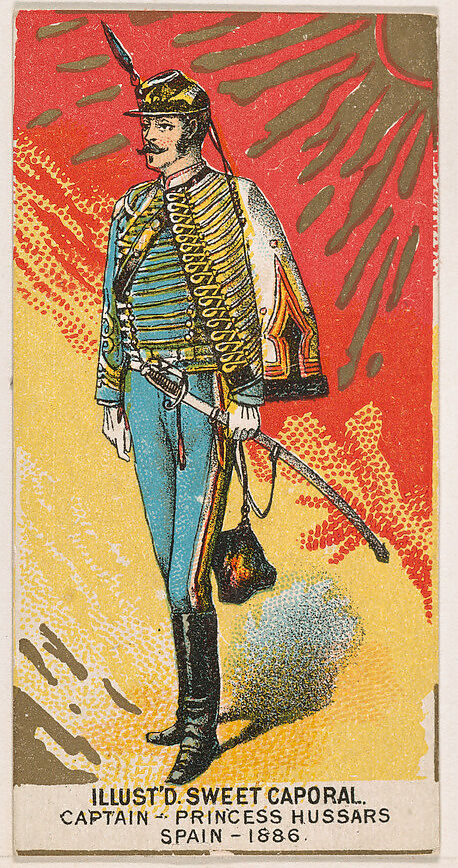 Captain, Princess Hussars, Spain, 1886, from the Military Series (N224) issued by Kinney Tobacco Company to promote Sweet Caporal Cigarettes, Issued by Kinney Brothers Tobacco Company, Commercial color lithograph 