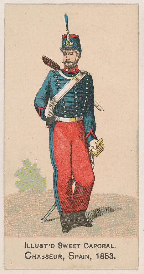 Chasseur, Spain, 1853, from the Military Series (N224) issued by Kinney Tobacco Company to promote Sweet Caporal Cigarettes, Issued by Kinney Brothers Tobacco Company, Commercial color lithograph 