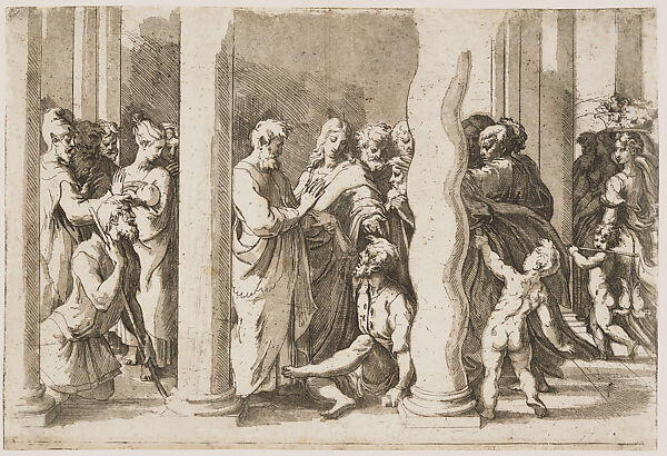 Saints Peter and John healing the Lame Man, Parmigianino (Girolamo Francesco Maria Mazzola) (Italian, Parma 1503–1540 Casalmaggiore), Etching with engraving and with a tone block printed in grey; second state of five 