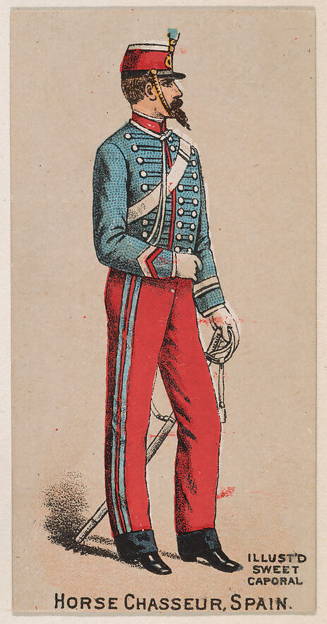 Horse Chasseur, Spain, from the Military Series (N224) issued by Kinney Tobacco Company to promote Sweet Caporal Cigarettes, Issued by Kinney Brothers Tobacco Company, Commercial color lithograph 