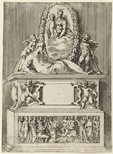 Design for the Tomb of a Youth, Angiolo Falconetto (Italian, active ca. 1555–67), Etching with drypoint and engraving, second state of five or six 