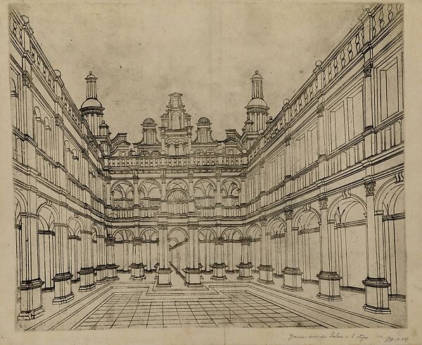 a) Courtyard of a Renaissance Palace and b) Large Architectural Composition, a) Anonymous Netherlandish or French (active ca. 1530–1540), Etching 