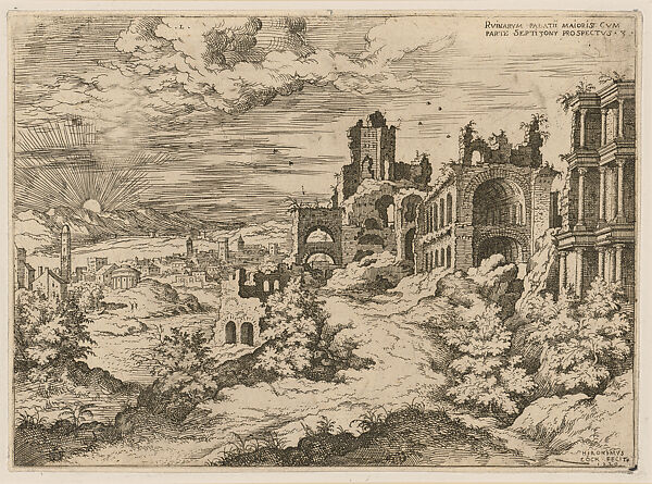 Ruins on the Palatine (1550), from the series Praecipua aliquot Romanae Antiquitatis Ruinarum Monimenta, vivis prospectibus, Hieronymus Cock (Netherlandish, Antwerp ca. 1510–1570 Antwerp), Etching 