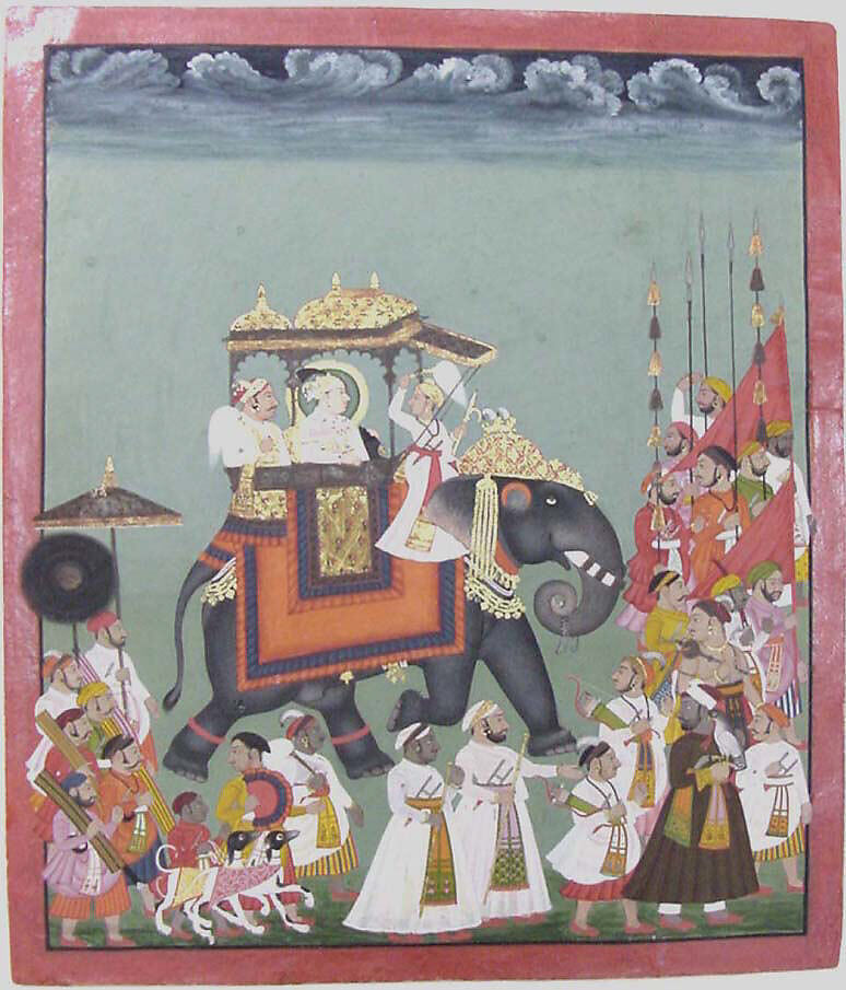 Maharana Raj Singh II in Procession with Members of His Court, Ink, opaque watercolor, and gold on paper, India (Rajasthan, Mewar) 