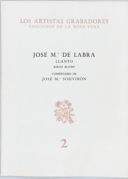 "Llanto", abstract head (number 2), José Maria de Labra (Spanish, La Coruña 1925–1994 Palma de Mallorca), Sheet folded in half with letterpress title and publication details on front, poem by Souvirón on inside cover facing the print (drypoint and etching) 