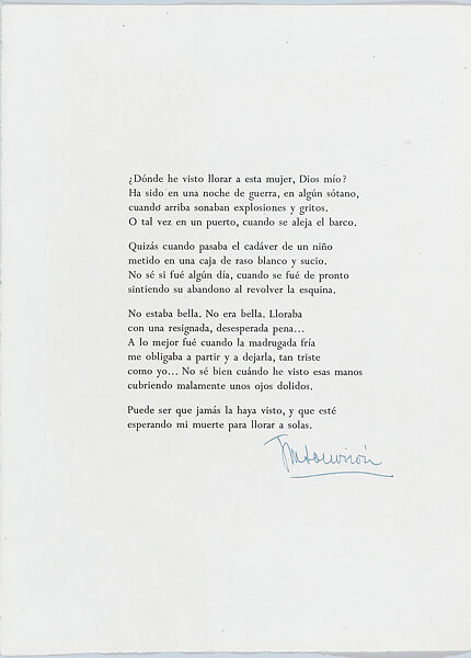 "Llanto", abstract head (number 2), José Maria de Labra (Spanish, La Coruña 1925–1994 Palma de Mallorca), Sheet folded in half with letterpress title and publication details on front, poem by Souvirón on inside cover facing the print (drypoint and etching)
