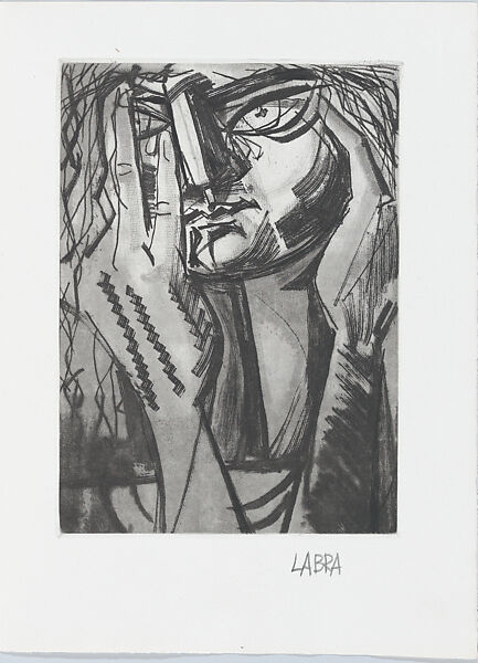 "Llanto", abstract head (number 2), José Maria de Labra (Spanish, La Coruña 1925–1994 Palma de Mallorca), Sheet folded in half with letterpress title and publication details on front, poem by Souvirón on inside cover facing the print (drypoint and etching)