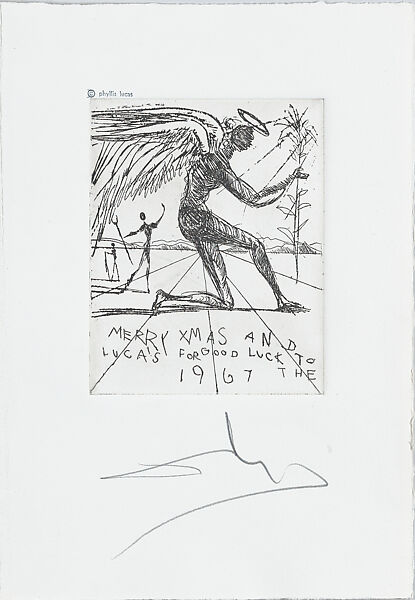 A Christmas card to the Lucas family, a kneeling angel and two other figures, Salvador Dalí (Spanish, Figueres 1904–1989 Figueres), Etching 