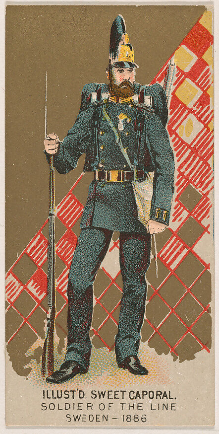 Soldier of the Line, Sweden, 1886, from the Military Series (N224) issued by Kinney Tobacco Company to promote Sweet Caporal Cigarettes, Issued by Kinney Brothers Tobacco Company, Commercial color lithograph 