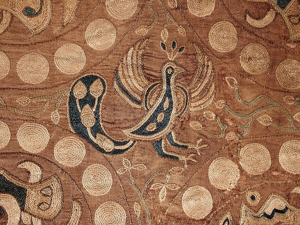 Textile with Boar's Head Roundels, Silk split-stitch embroidery on plain-weave silk, Iran, Afghanistan or China (Xinjiang Autonomous Region)