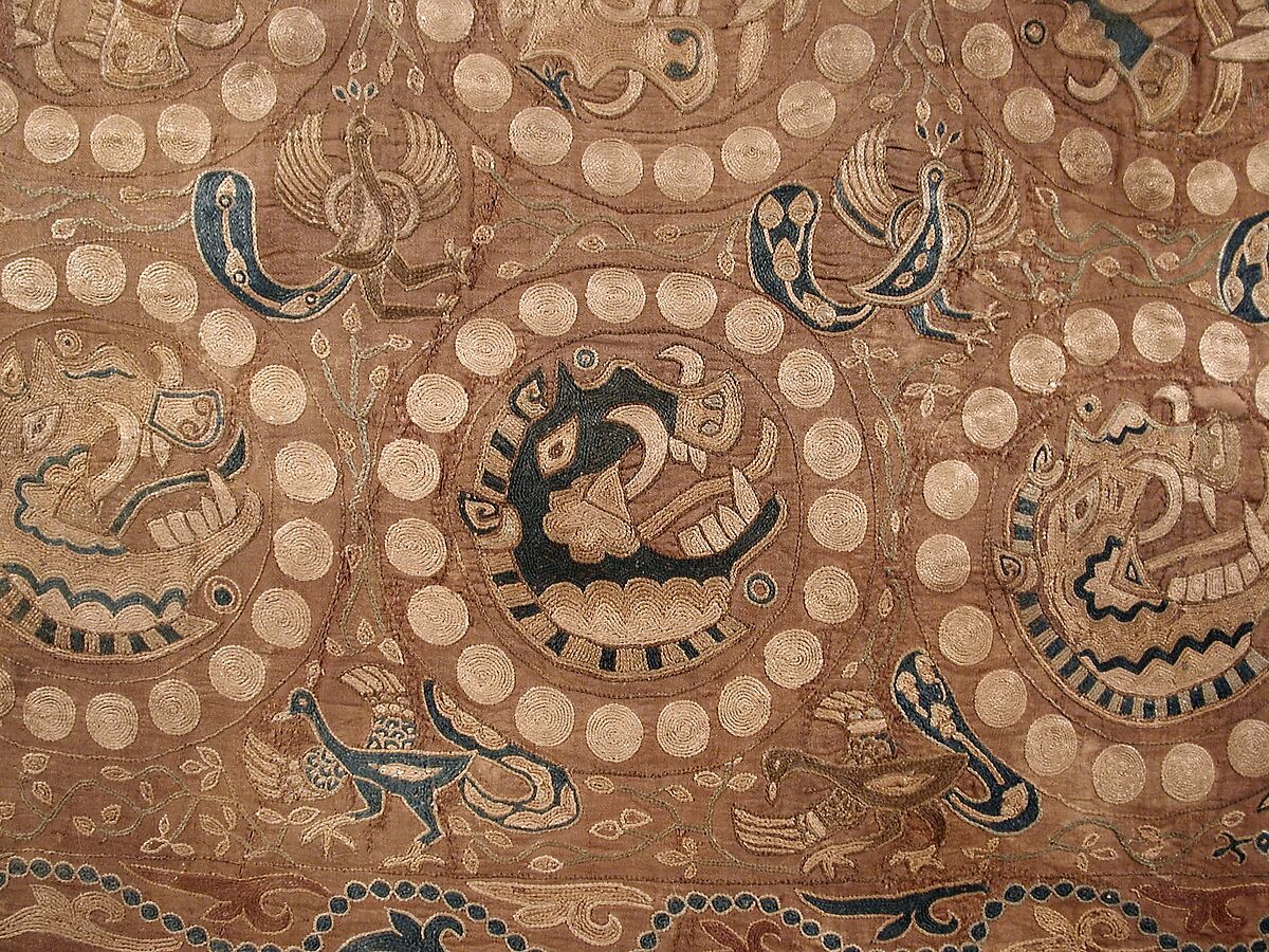 Textile with Boar's Head Roundels, Silk split-stitch embroidery on plain-weave silk, Iran, Afghanistan or China (Xinjiang Autonomous Region)