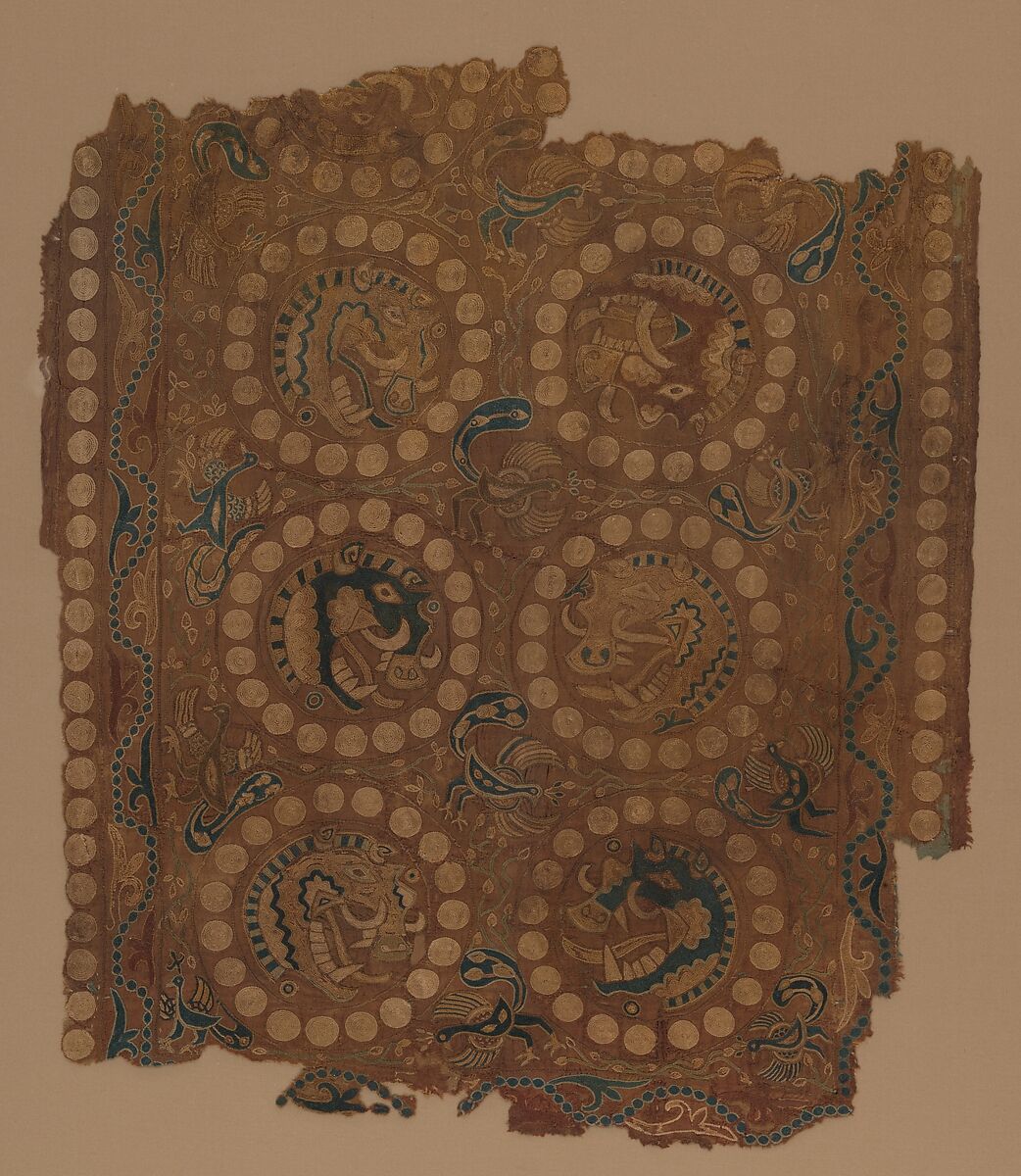 Textile with Boar's Head Roundels, Silk split-stitch embroidery on plain-weave silk, Iran, Afghanistan or China (Xinjiang Autonomous Region) 