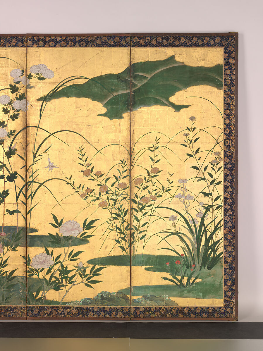 Flowers and Grasses of the Four Seasons, Circle of Kano Mitsunobu 狩野光信 (Japanese, 1565–1608), Pair of six-panel folding screens; ink, color, gold paint, and gold leaf on paper, Japan
