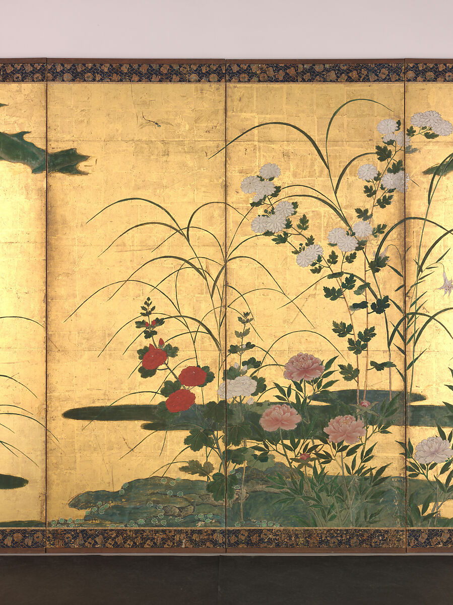 Flowers and Grasses of the Four Seasons, Circle of Kano Mitsunobu 狩野光信 (Japanese, 1565–1608), Pair of six-panel folding screens; ink, color, gold paint, and gold leaf on paper, Japan