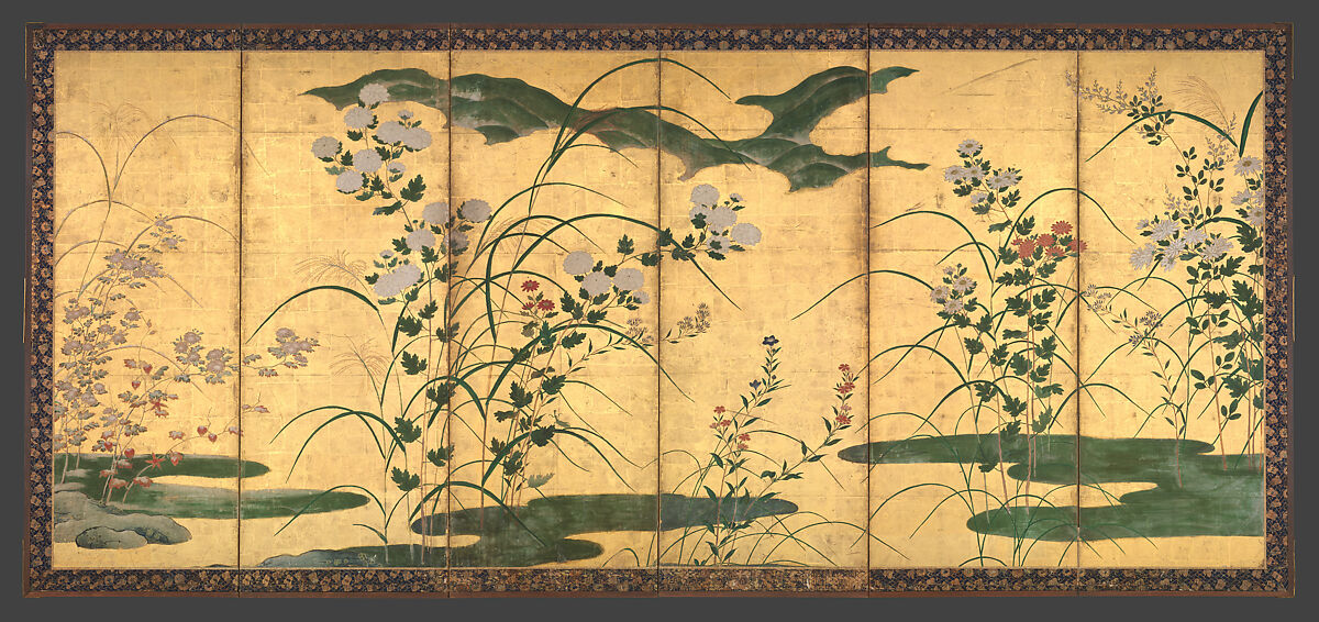 Flowers and Grasses of the Four Seasons, Circle of Kano Mitsunobu 狩野光信 (Japanese, 1565–1608), Pair of six-panel folding screens; ink, color, gold paint, and gold leaf on paper, Japan