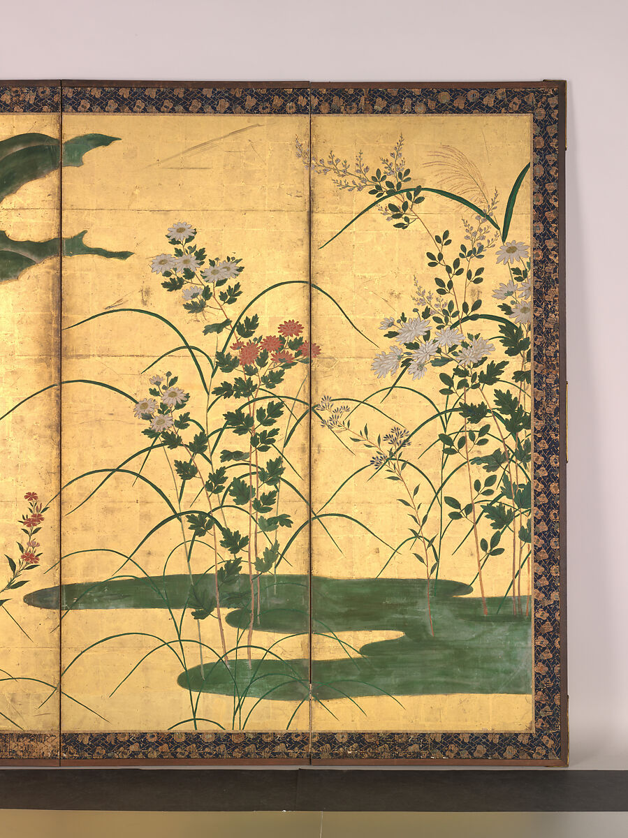 Flowers and Grasses of the Four Seasons, Circle of Kano Mitsunobu 狩野光信 (Japanese, 1565–1608), Pair of six-panel folding screens; ink, color, gold paint, and gold leaf on paper, Japan