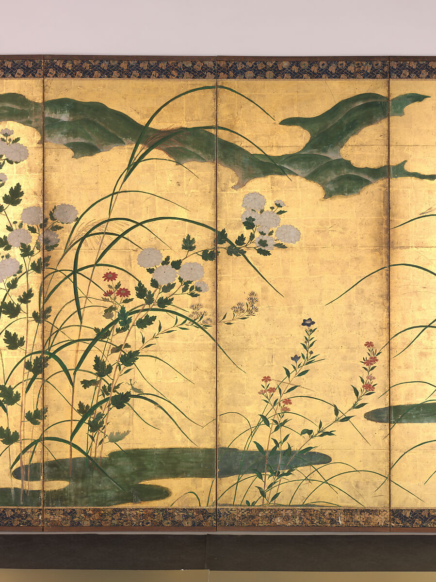 Flowers and Grasses of the Four Seasons, Circle of Kano Mitsunobu 狩野光信 (Japanese, 1565–1608), Pair of six-panel folding screens; ink, color, gold paint, and gold leaf on paper, Japan