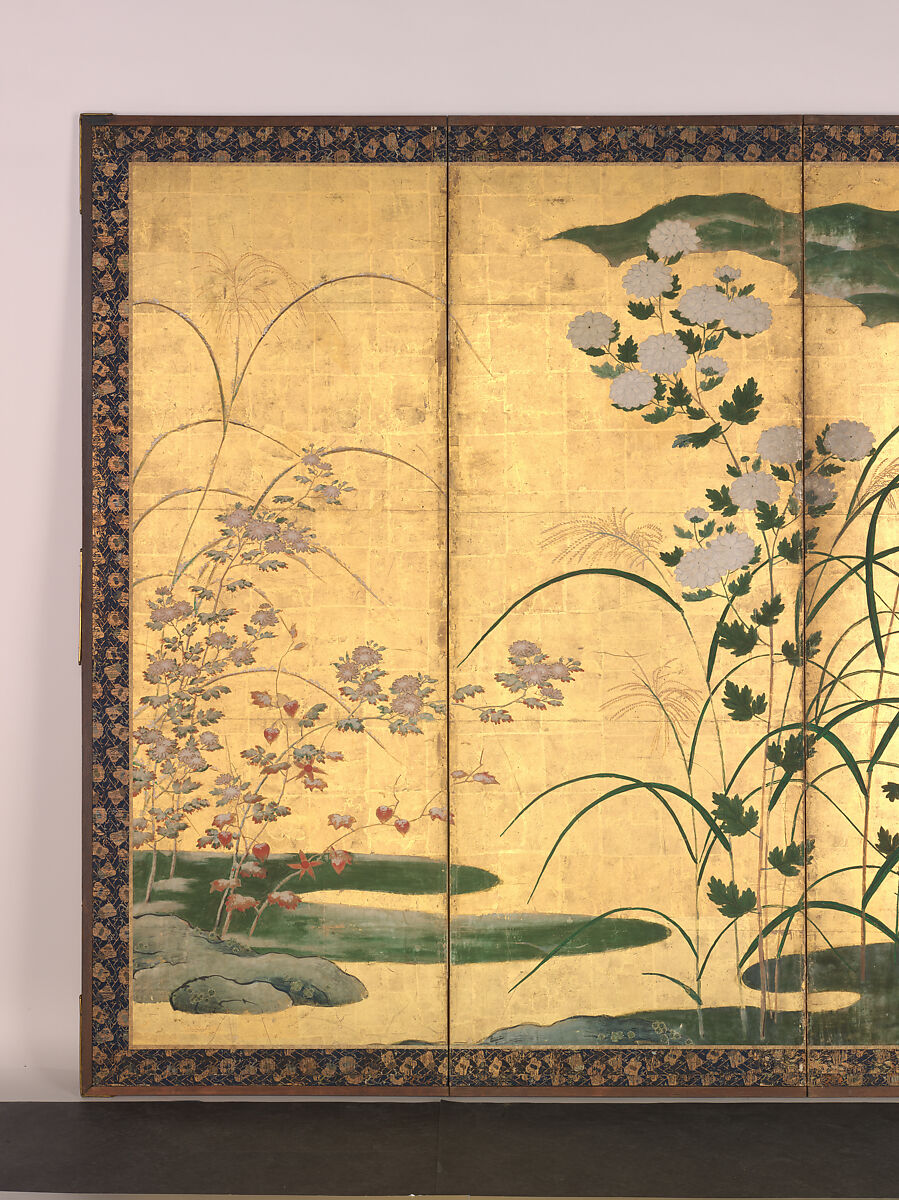 Flowers and Grasses of the Four Seasons, Circle of Kano Mitsunobu 狩野光信 (Japanese, 1565–1608), Pair of six-panel folding screens; ink, color, gold paint, and gold leaf on paper, Japan