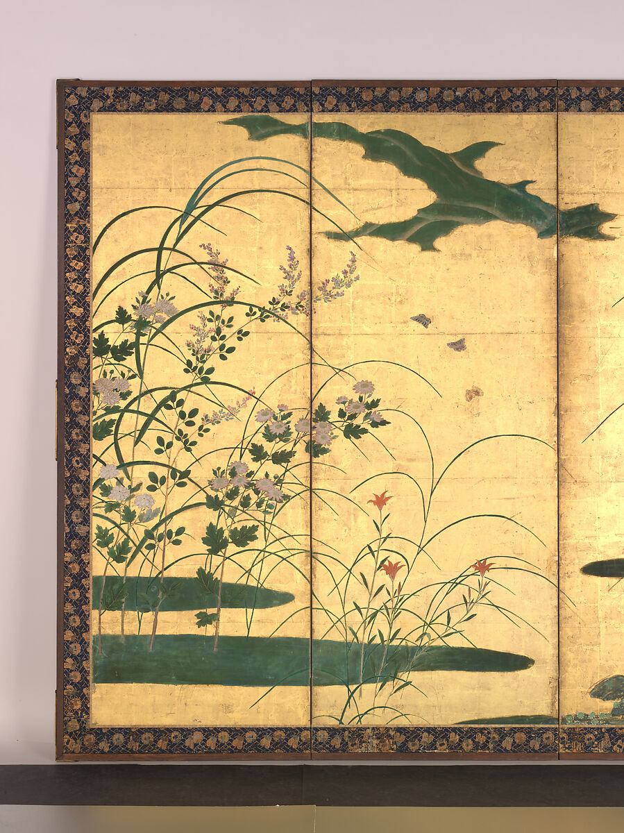 Flowers and Grasses of the Four Seasons, Circle of Kano Mitsunobu 狩野光信 (Japanese, 1565–1608), Pair of six-panel folding screens; ink, color, gold paint, and gold leaf on paper, Japan