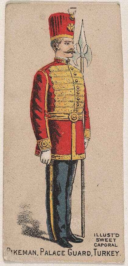 Pikeman, Palace Guard, Turkey, from the Military Series (N224) issued by Kinney Tobacco Company to promote Sweet Caporal Cigarettes, Issued by Kinney Brothers Tobacco Company, Commercial color lithograph 