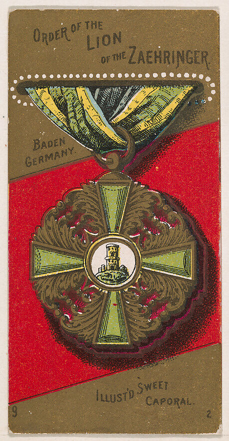 Order of the Lion of the Zaehringer, from the Military Series (N224) issued by Kinney Tobacco Company to promote Sweet Caporal Cigarettes, Issued by Kinney Brothers Tobacco Company, Commercial color lithograph 