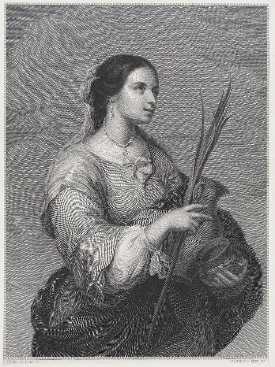 St Justa, three-quarter length, turned to right, holding two pots and a palm, Auguste Blanchard père (French, Paris ca. 1766–1841 Paris), Engraving 