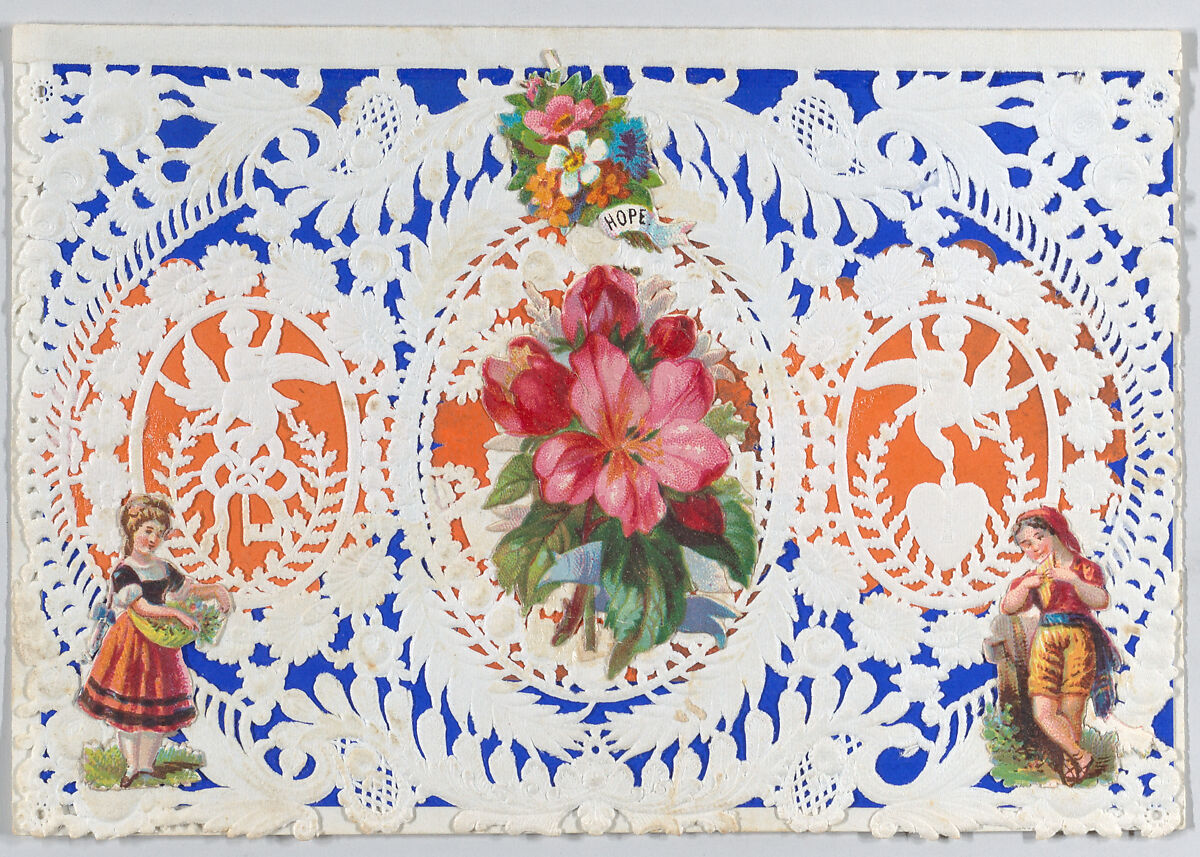 Valentine, Anonymous, Cameo-embossed  open-work lace paper, chromolithography, colored paper, ink 