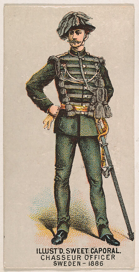 Chasseur Officer, Sweden, 1886, from the Military Series (N224) issued by Kinney Tobacco Company to promote Sweet Caporal Cigarettes, Issued by Kinney Brothers Tobacco Company, Commercial color lithograph 
