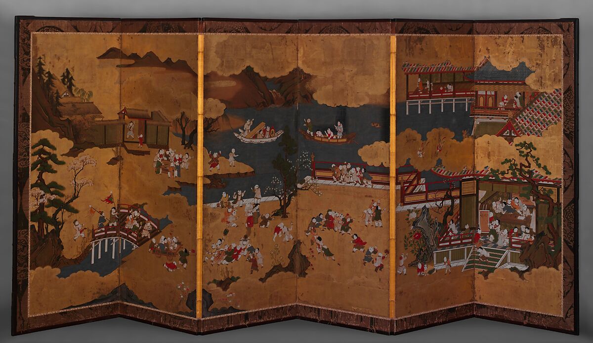 One Hundred Chinese Boys, Six-panel folding screen; ink, color, and gold on gilded paper, Japan