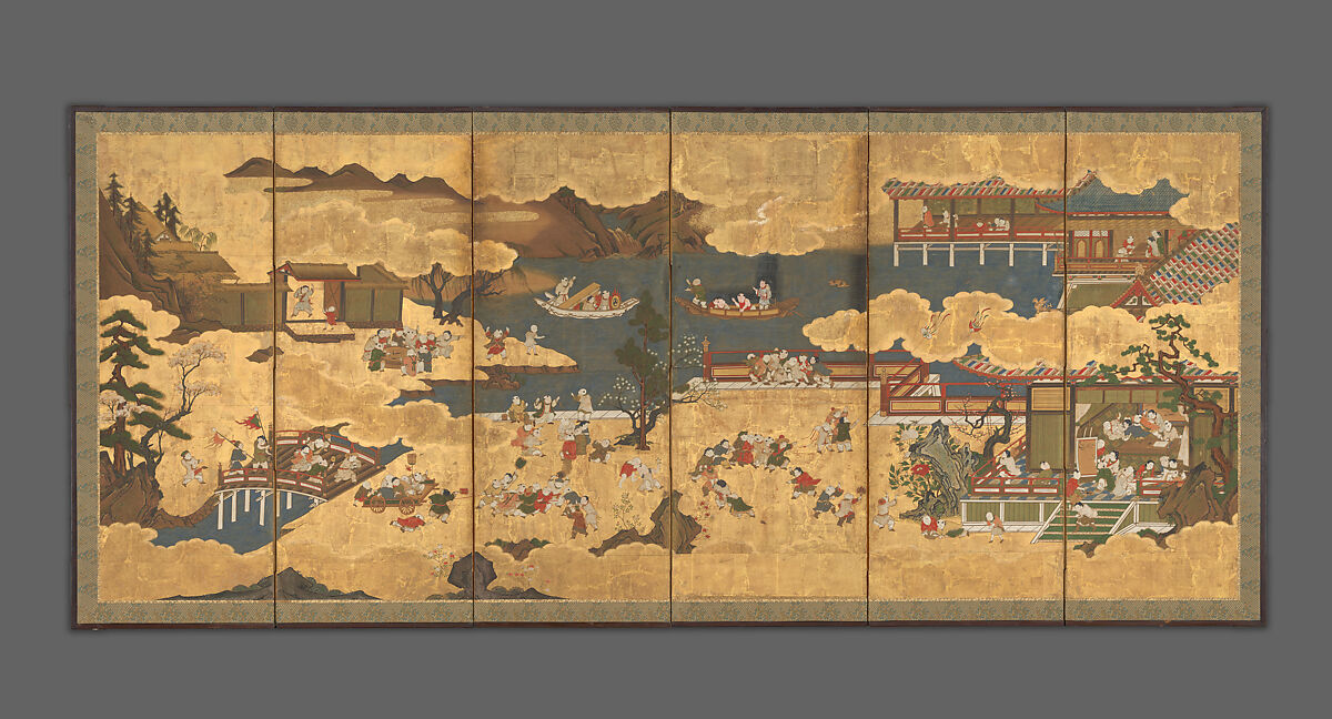 One Hundred Chinese Boys, Six-panel folding screen; ink, color, and gold on gilded paper, Japan 