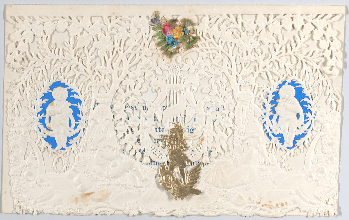 Valentine, Anonymous, Cameo-embossed, open-work lace paper, colored paper,  die-cut scraps, ink 