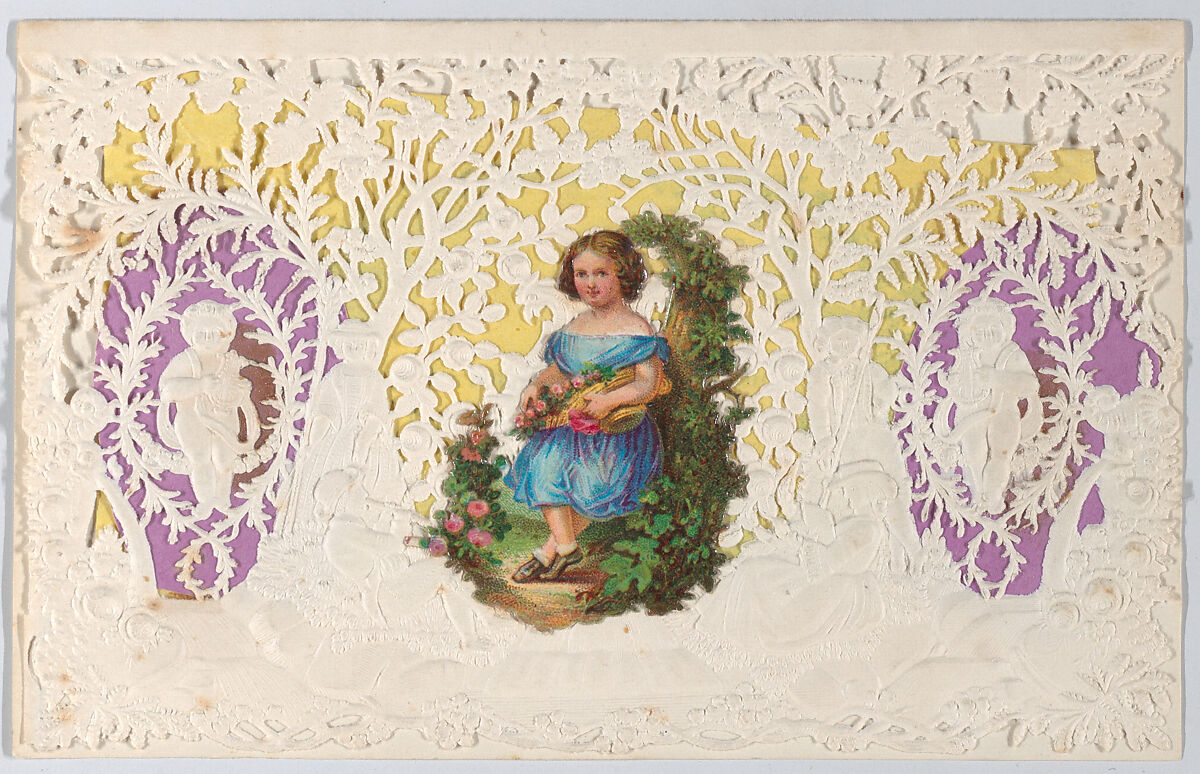 Valentine, Anonymous, Cameo-embossed, open-work lace paper, colored paper,  die-cut scraps, ink 