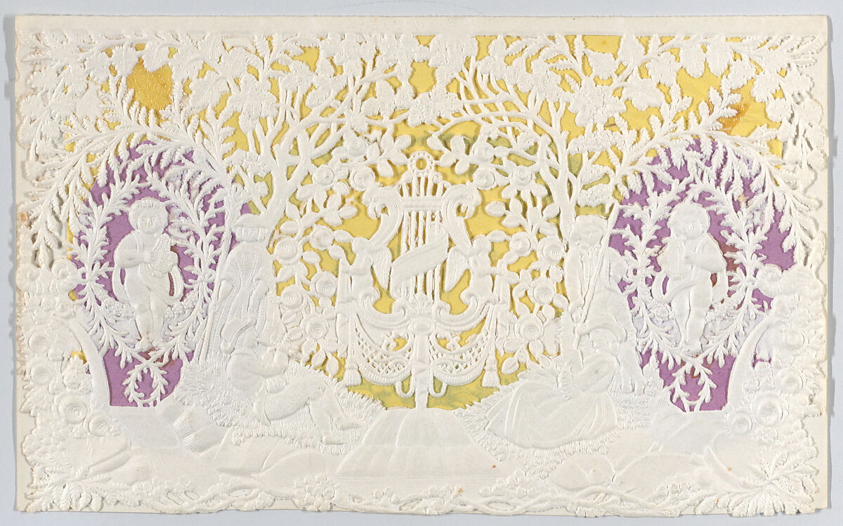 Valentine, Anonymous, Cameo-embossed, open-work lace paper, colored paper, ink 