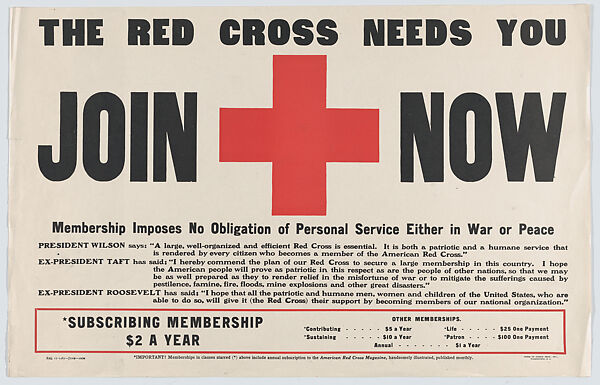 The Red Cross Needs You: Join Now, Issued by American Red Cross (American), Commercial color lithograph 