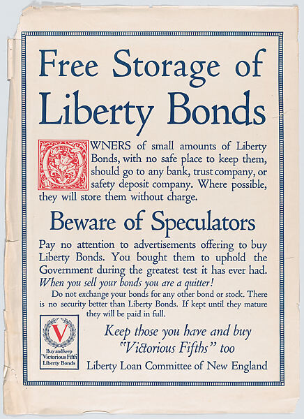 Free storage of liberty bonds, Issued by Liberty Loan Committee, Commercial color lithograph 