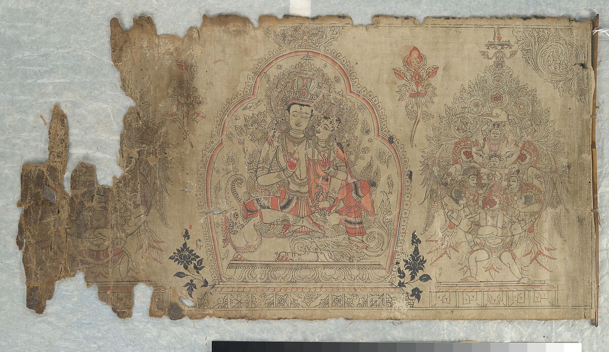 The Goddess Vasudhara Flanked by Kubera and a Fragmentary Durga, Double-sided scroll; ink and color on cloth, Nepal (Kathmandu Valley)