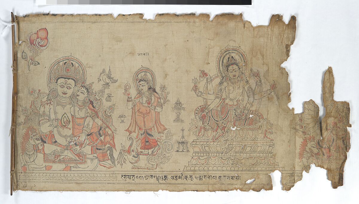 The Goddess Vasudhara Flanked by Kubera and a Fragmentary Durga, Double-sided scroll; ink and color on cloth, Nepal (Kathmandu Valley) 